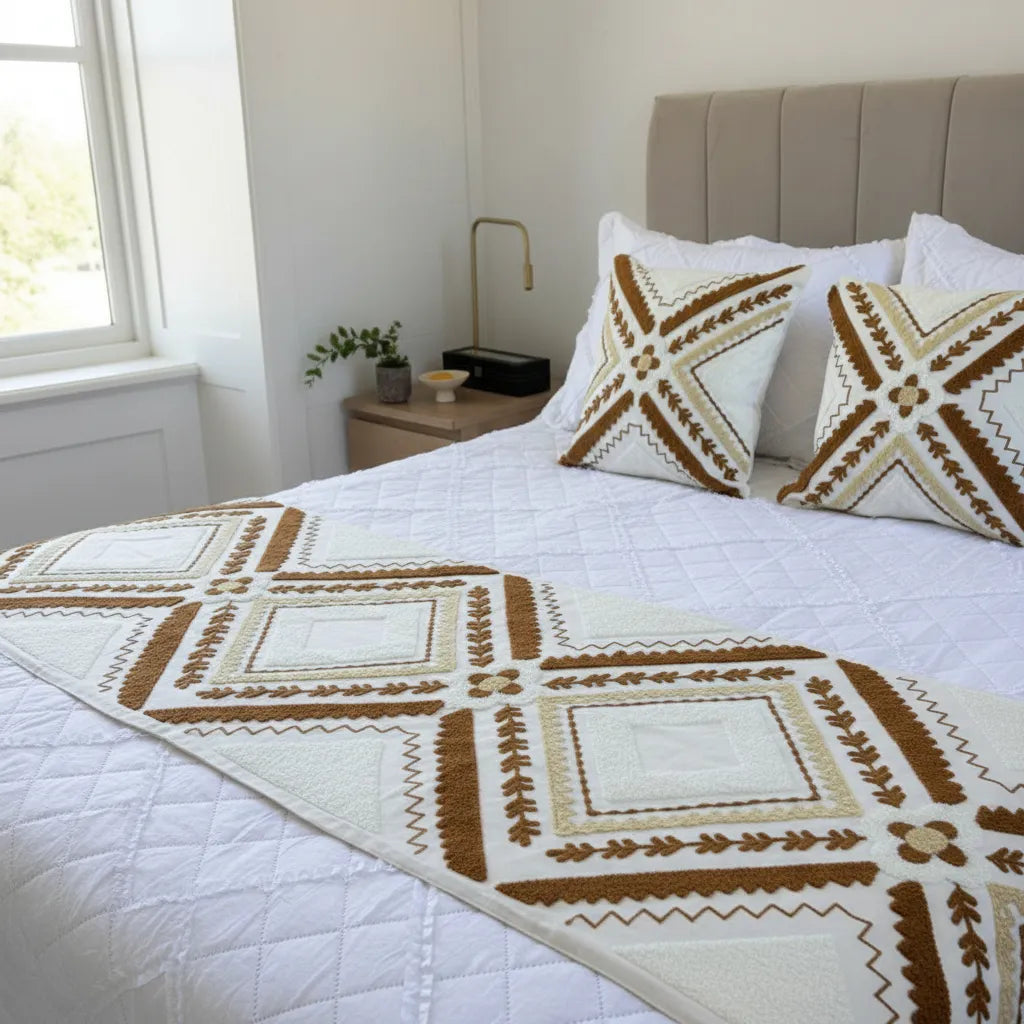 Set de pieceras bordadas, diseño geometrico