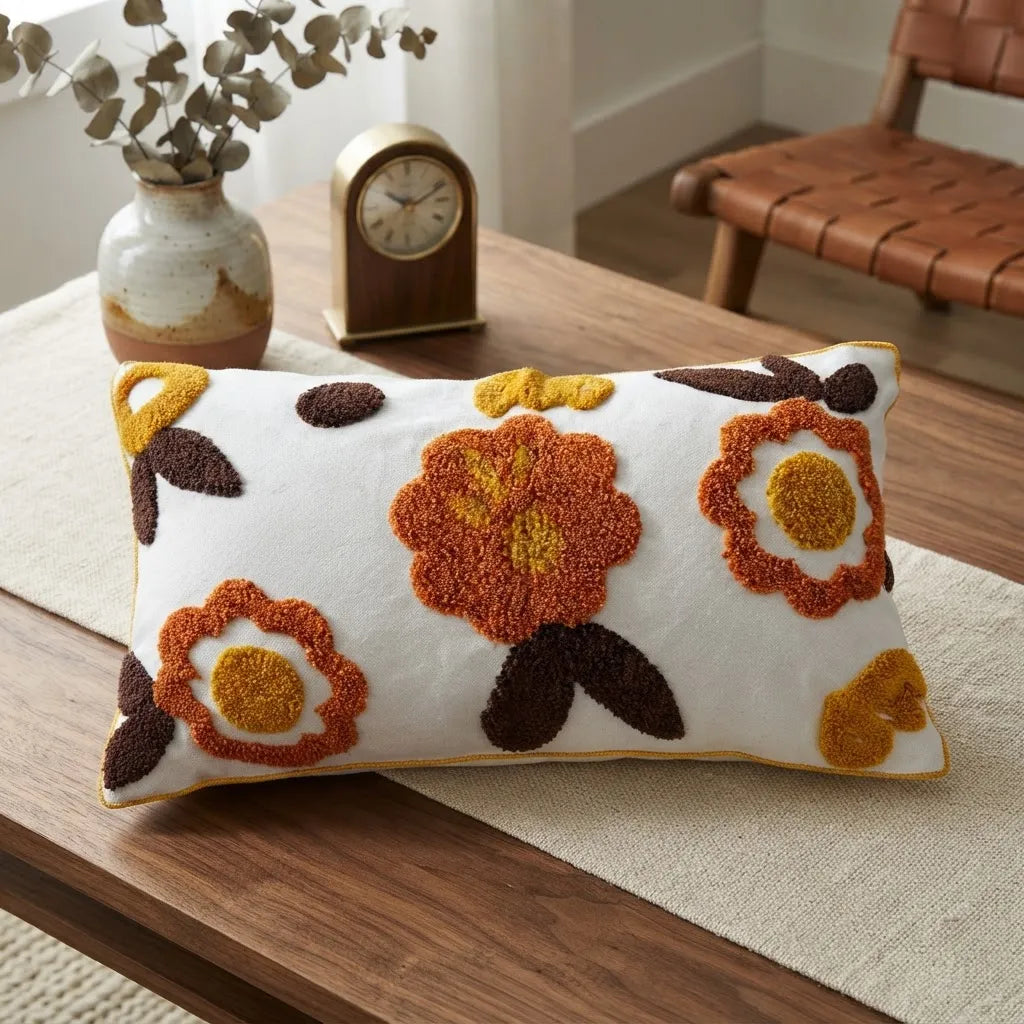 Funda de Cojín Bordada Retro Floral Terracota  45 × 45 y 30 × 50 cm