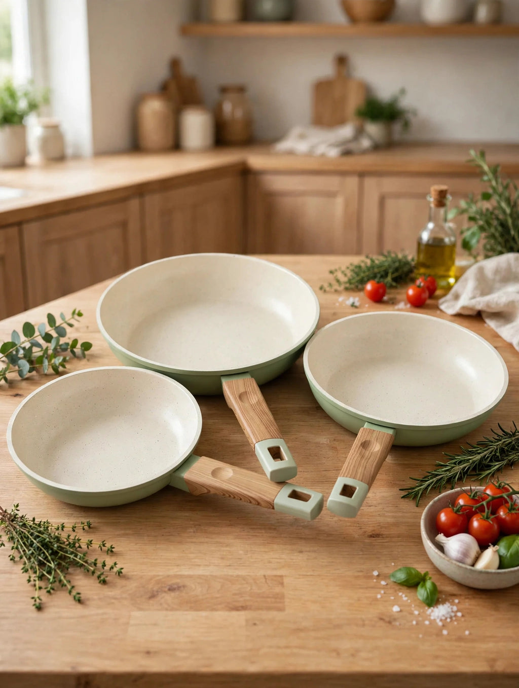 Set De 3 Sartenes Antiadherentes Cerámicos 20, 24 Y 28 Cm Verde