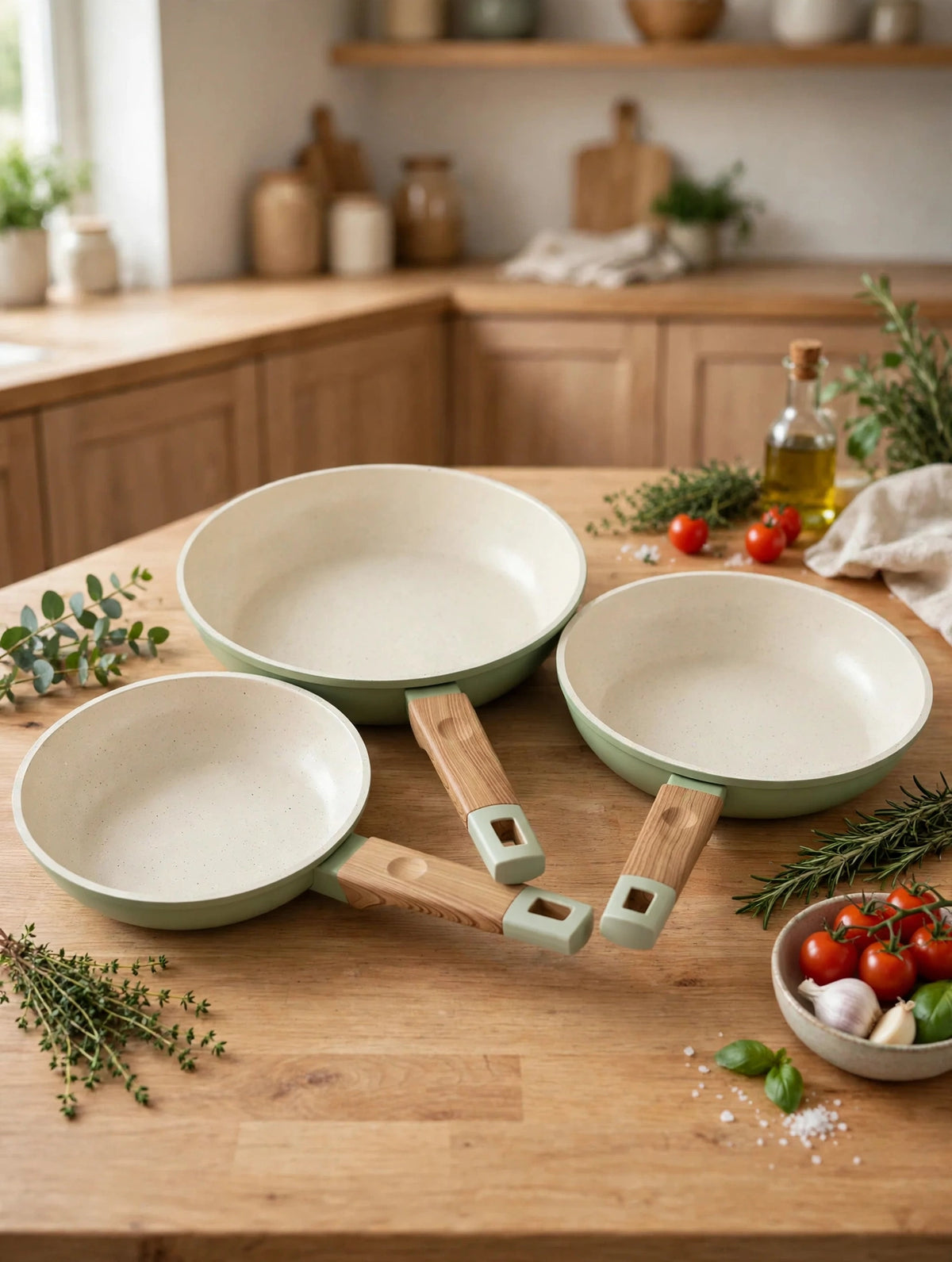 Set De 3 Sartenes Antiadherentes Cerámicos 20, 24 Y 28 Cm Verde