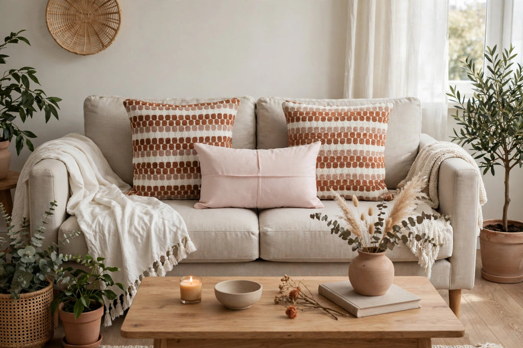 Set de 3 Cojines Terracota y Rosa · Diseño de Puntos