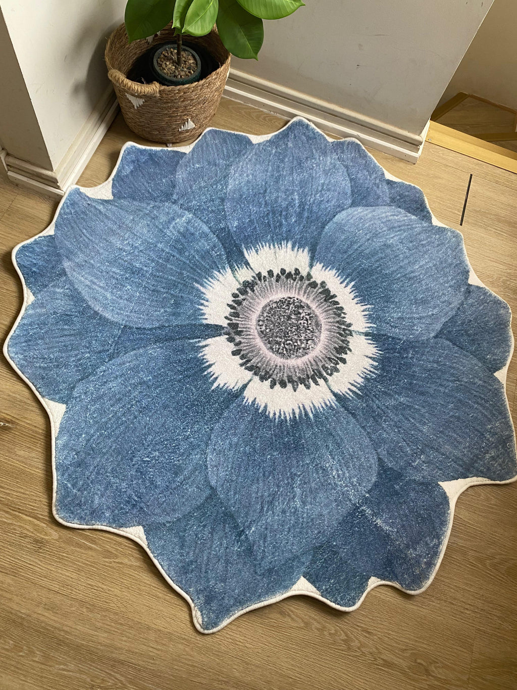 Alfombra Redonda De Felpa Con Antideslizante Diseño Flor azul
