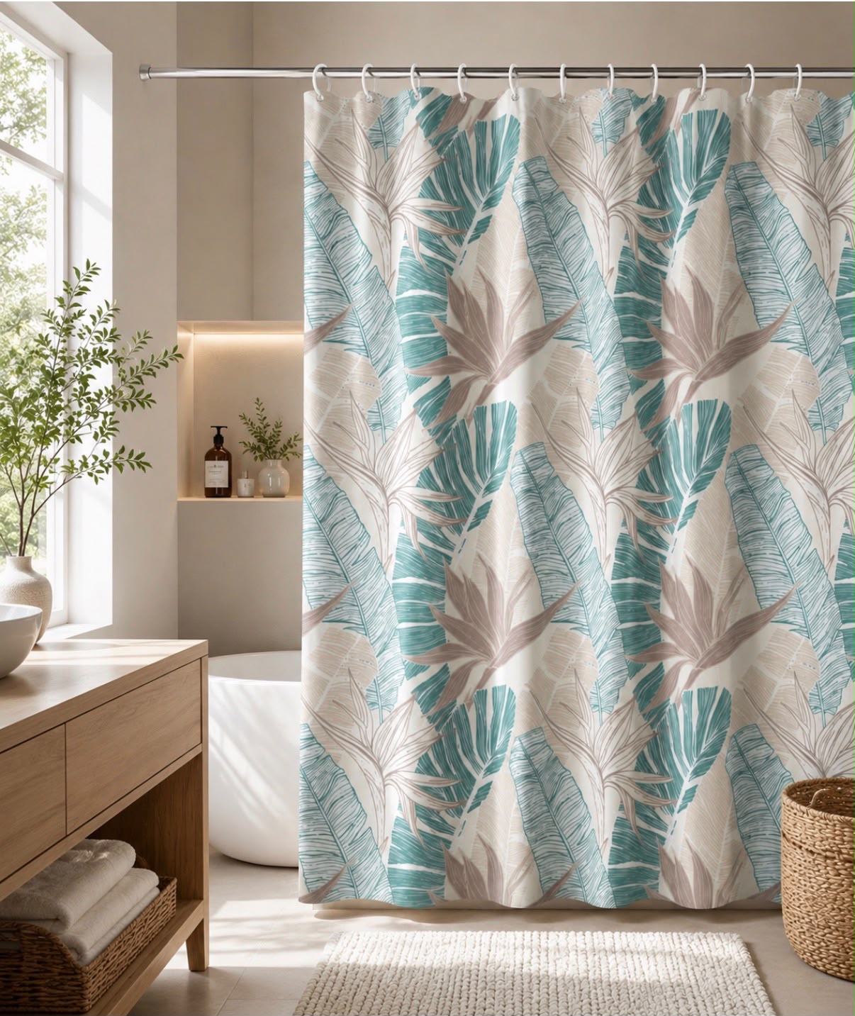 Set de Cortina de Baño de Tela Brisa Tropical Turquesa con Forro, 3 Magnetos y 12 Ganchos 180 × 180 cm