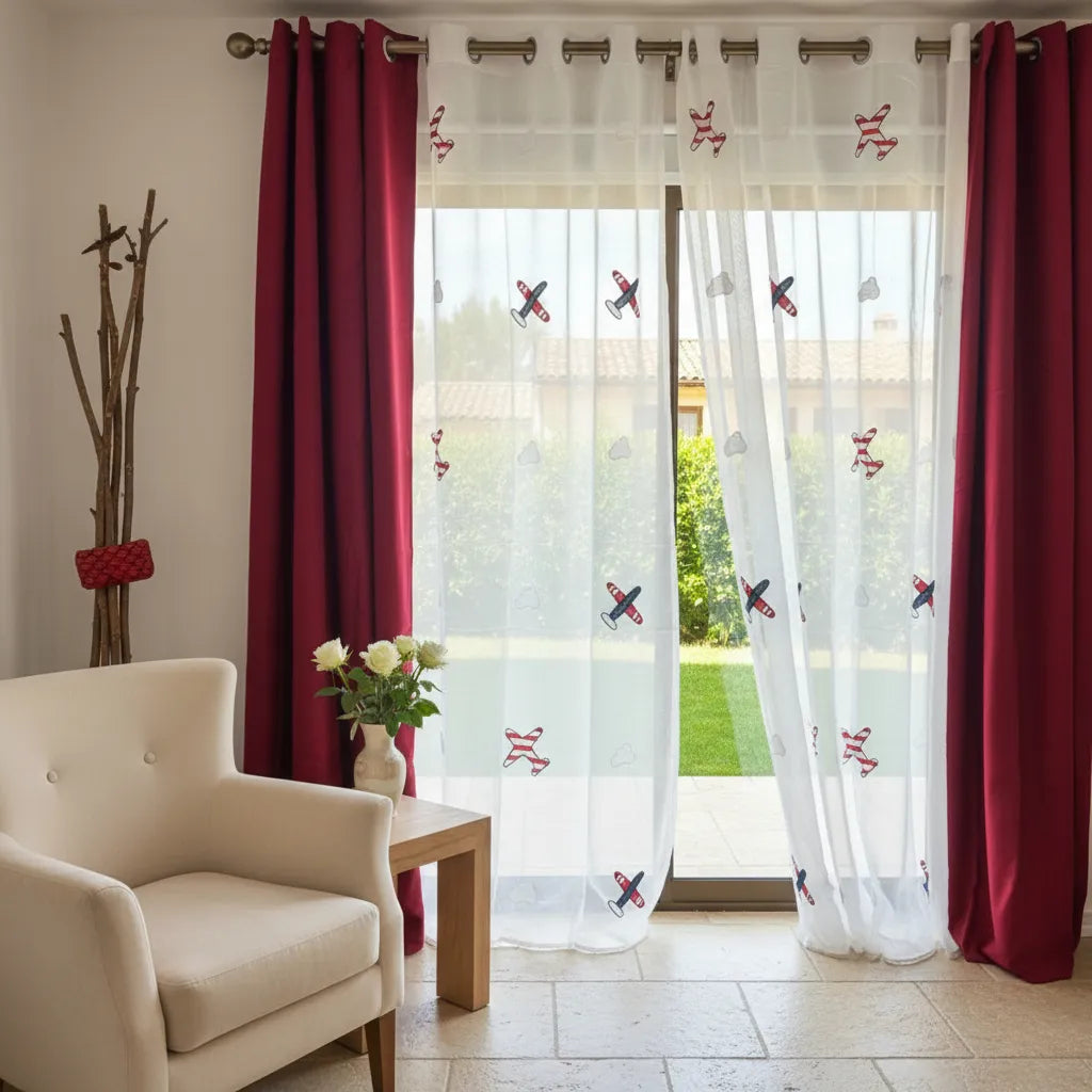 Set Cortina Lino + Visillo Pequeños Aviadores 4 Paños