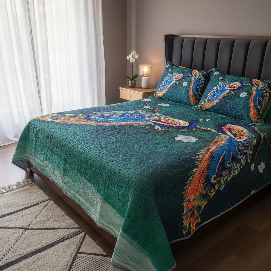 Cubrecamas 2 plazas  estampado pavo real