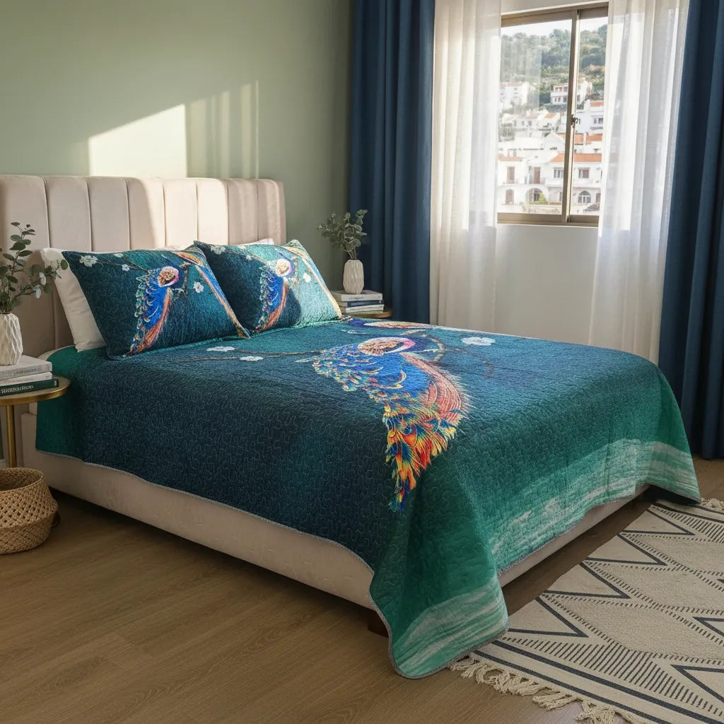 Cubrecamas 2 plazas  estampado pavo real