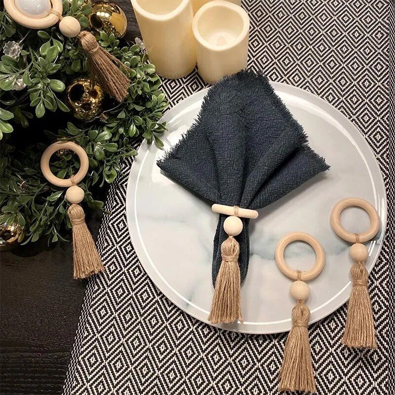 Set de servilleteros con cuentas de madera  x6