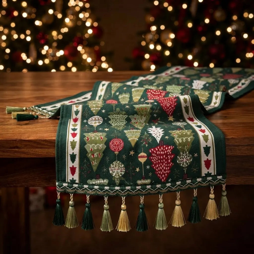 Camino de Mesa Navideño Bosque Encantado con Borlas · 30 × 180 cm