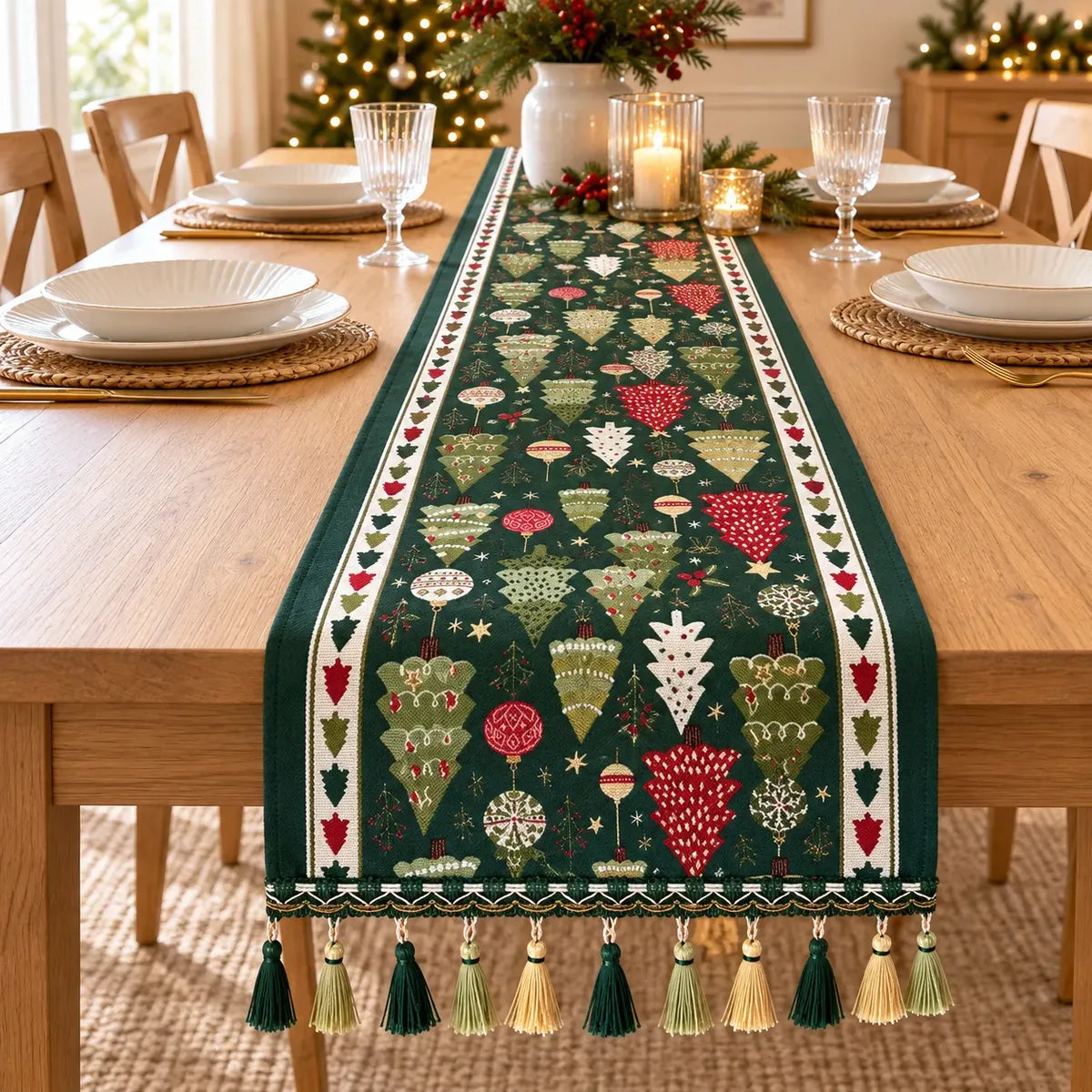 Camino de Mesa Navideño Bosque Encantado con Borlas · 30 × 180 cm