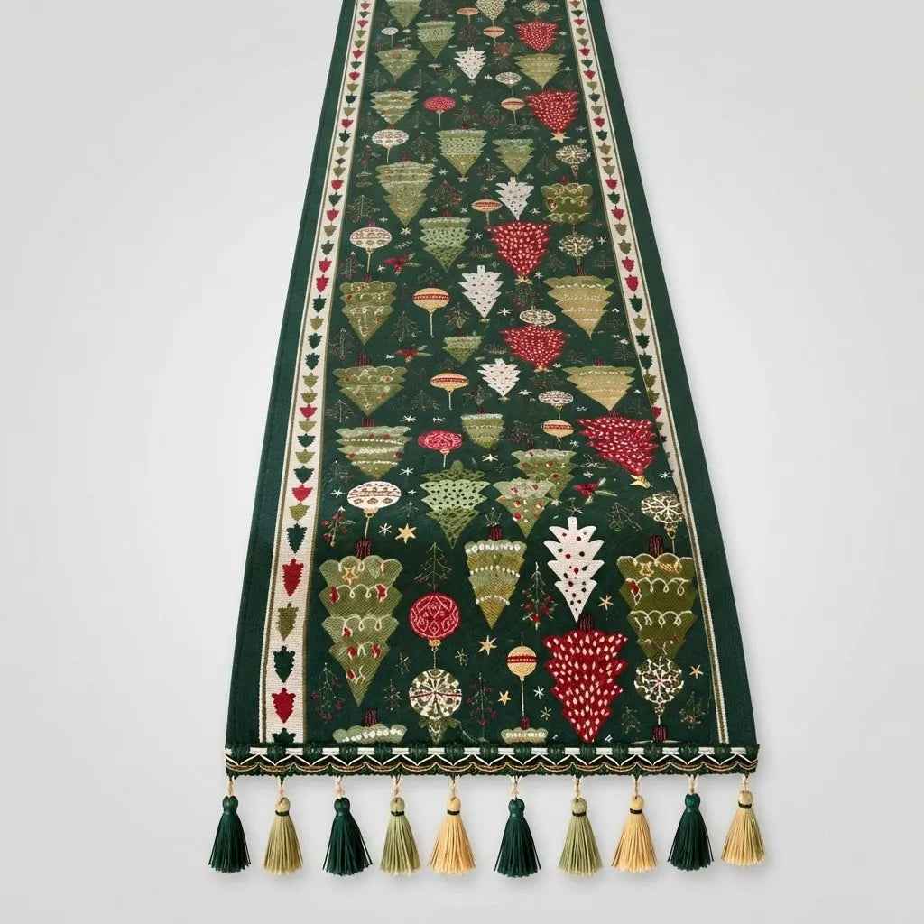 Camino de Mesa Navideño Bosque Encantado con Borlas · 30 × 180 cm