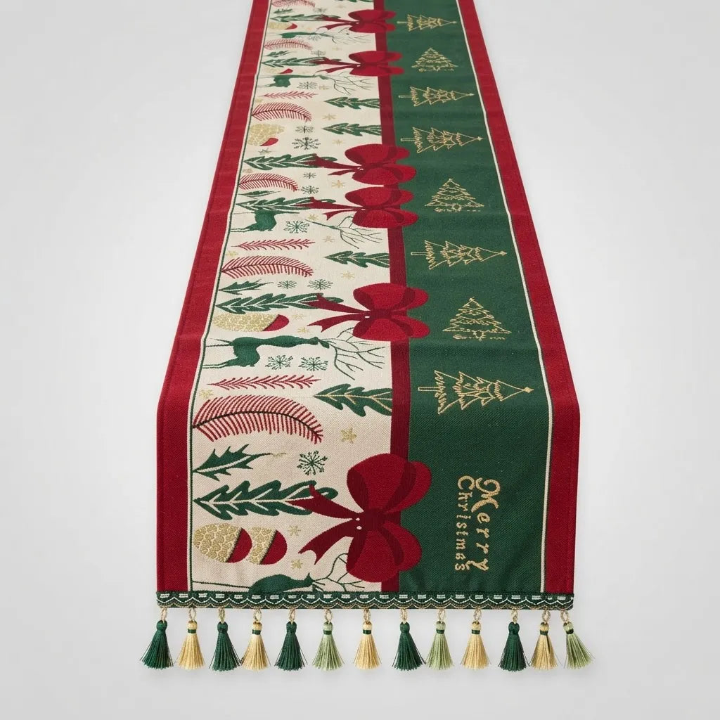 Camino de Mesa Navideño Lazos y Renos con Borlas · 30 × 180 cm