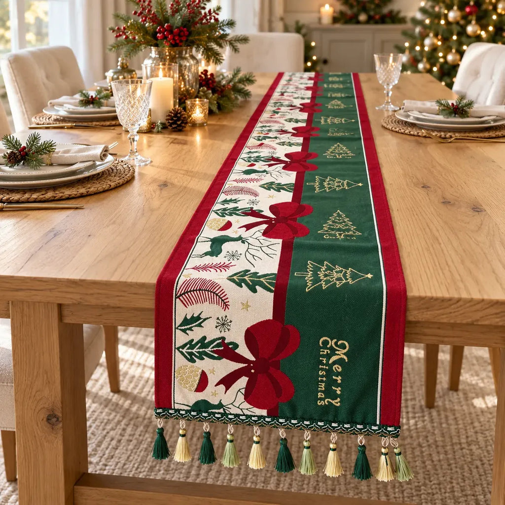 Camino de Mesa Navideño Lazos y Renos con Borlas · 30 × 180 cm