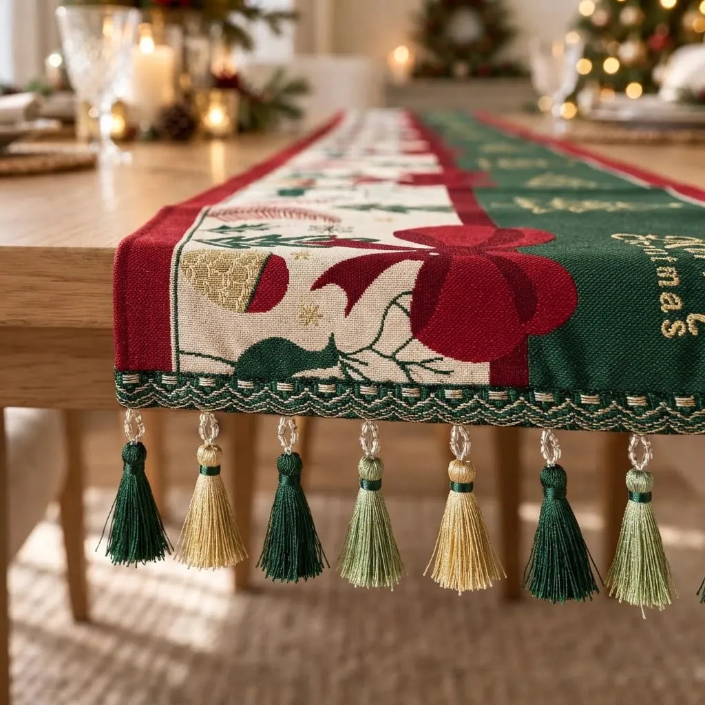 Camino de Mesa Navideño Lazos y Renos con Borlas · 30 × 180 cm