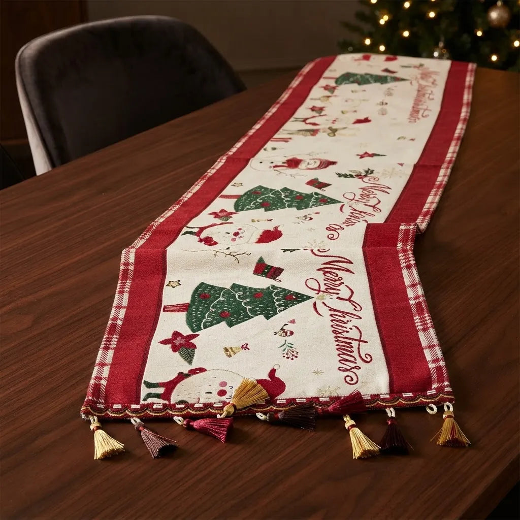 Camino de Mesa Navideño Merry Christmas con Borlas · 30 × 180 cm