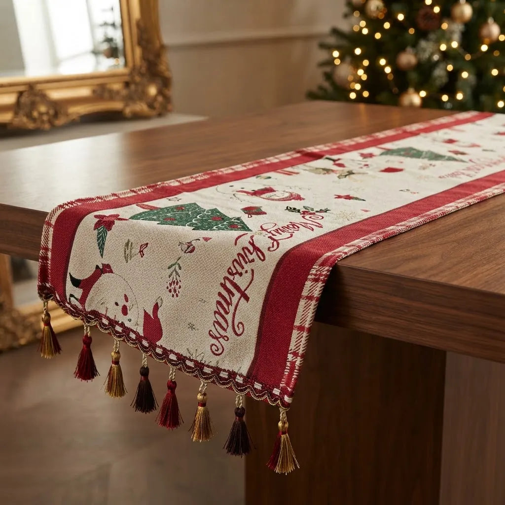 Camino de Mesa Navideño Merry Christmas con Borlas · 30 × 180 cm