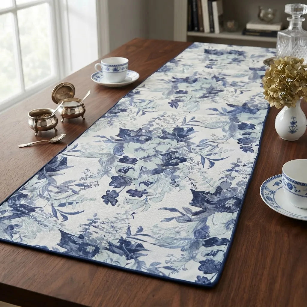 Camino de Mesa Reversible Jardín Azul · 200 × 40 cm