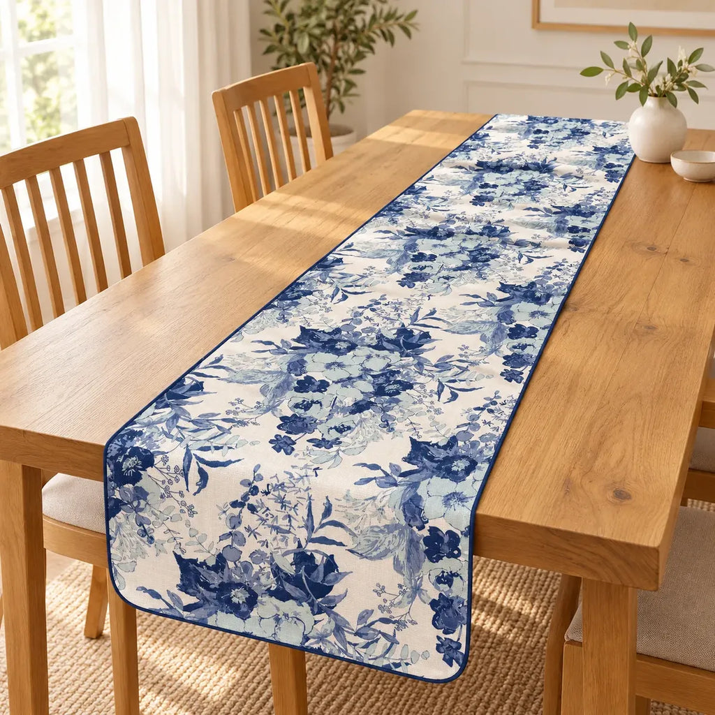 Camino de Mesa Reversible Jardín Azul · 200 × 40 cm
