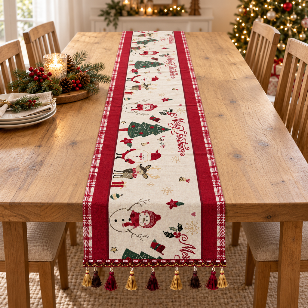 Camino de Mesa Navideño Merry Christmas con Borlas · 30 × 180 cm