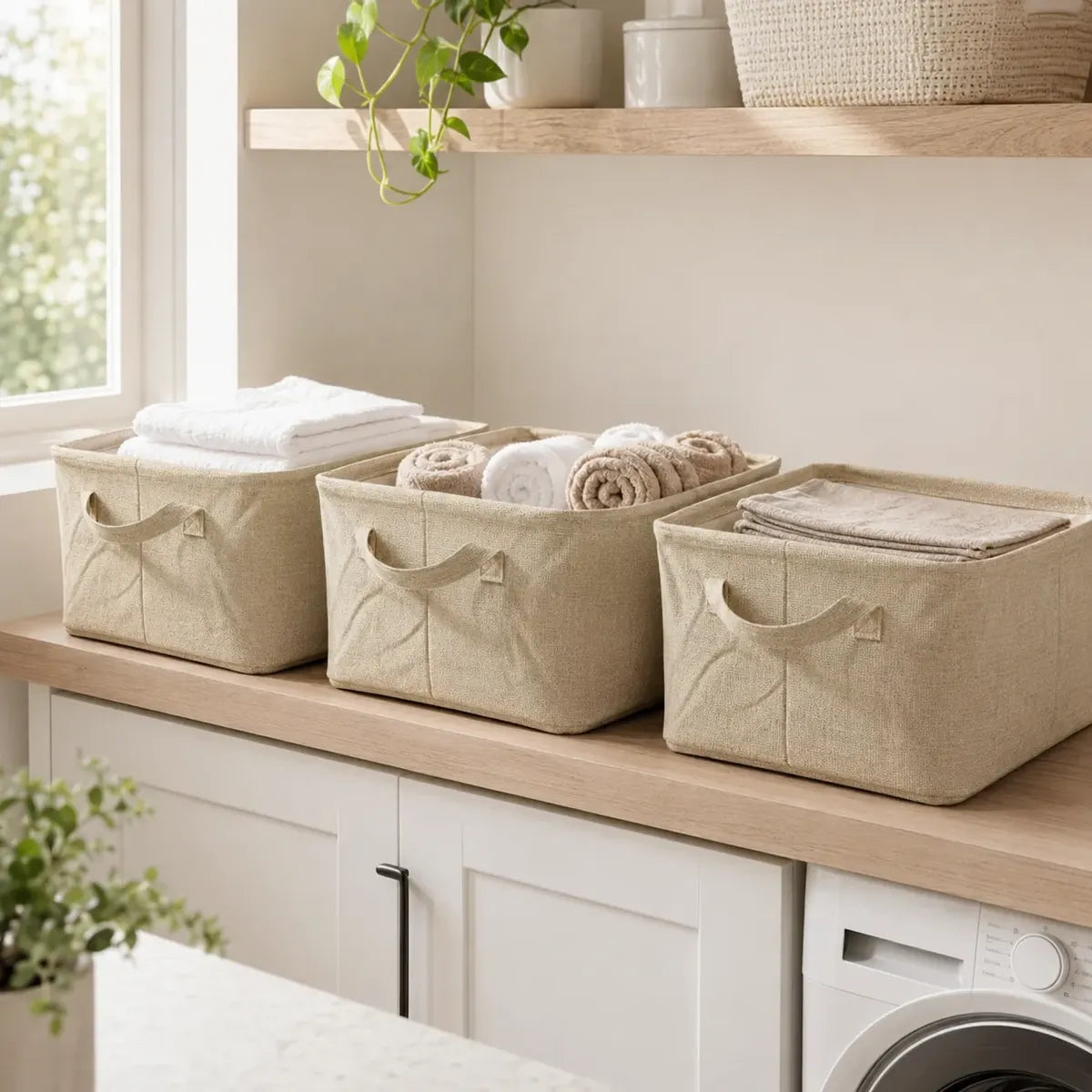 Canasto Organizador Rectangular Beige con Asas