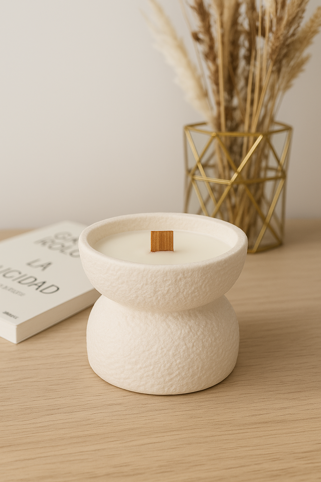 Vela Pedestal Pureza Con Mecha De Madera Beige Pureza