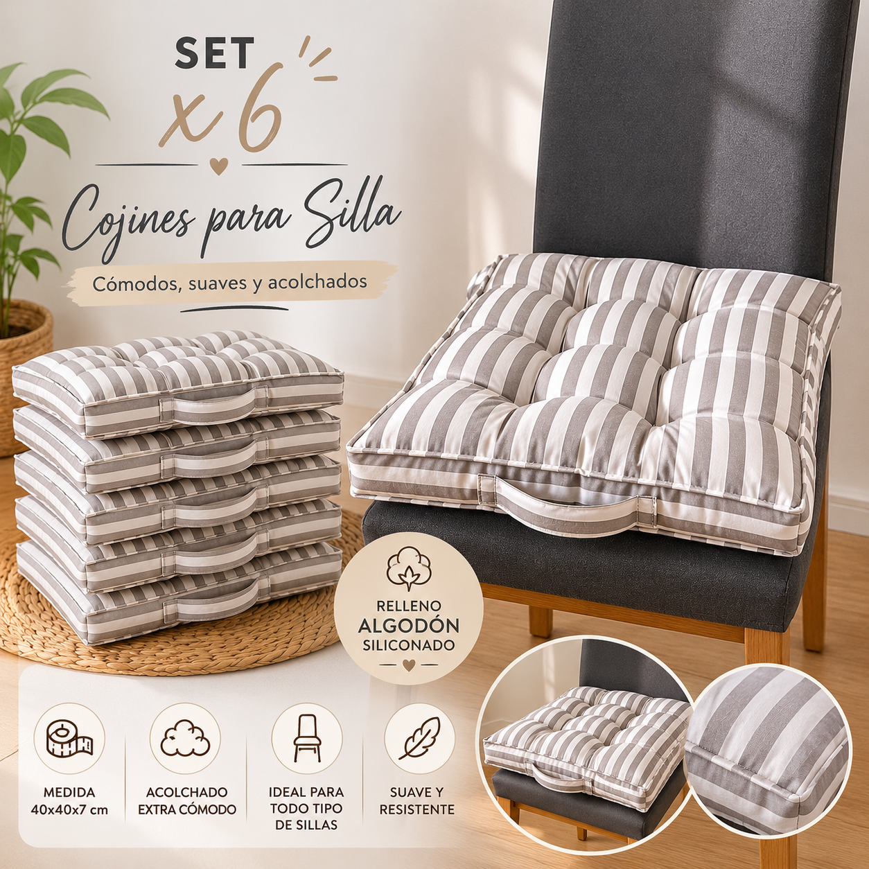 Cojines para Silla Acolchados 40x40x7cm gris · Alto Confort & Diseño Decorativo