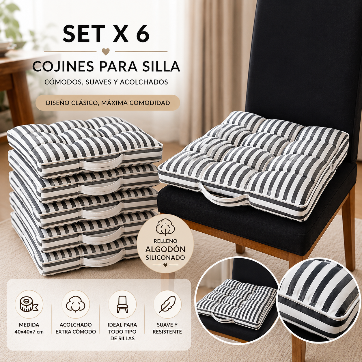 Cojines para Silla Acolchados 40x40x7cm negro · Alto Confort & Diseño Decorativo