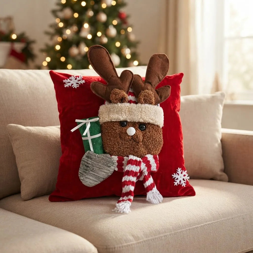 Funda de Cojín Navideño Con Reno 3d Rojo 45 × 45 Cm