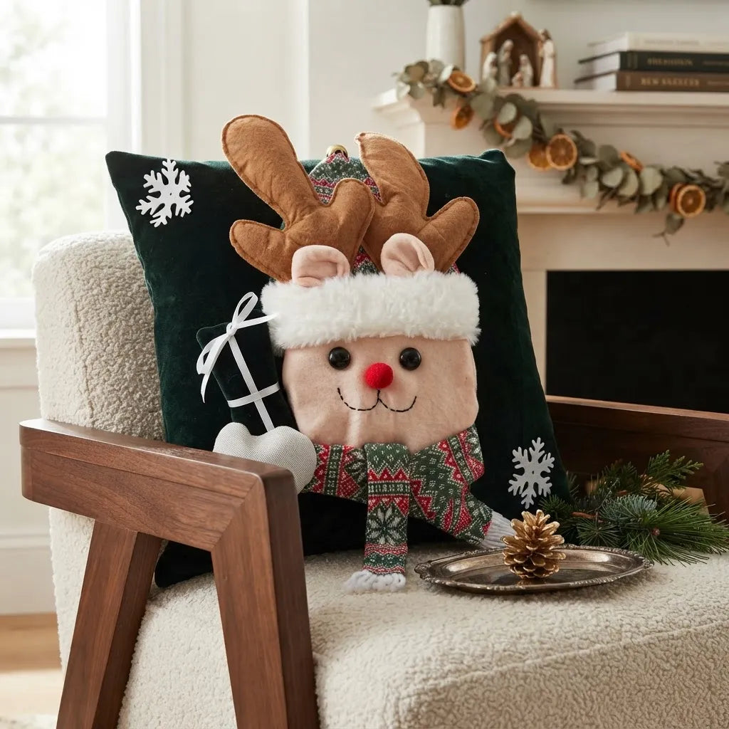 Funda de Cojín Navideño Con Reno 3d Verde 45 × 45 Cm