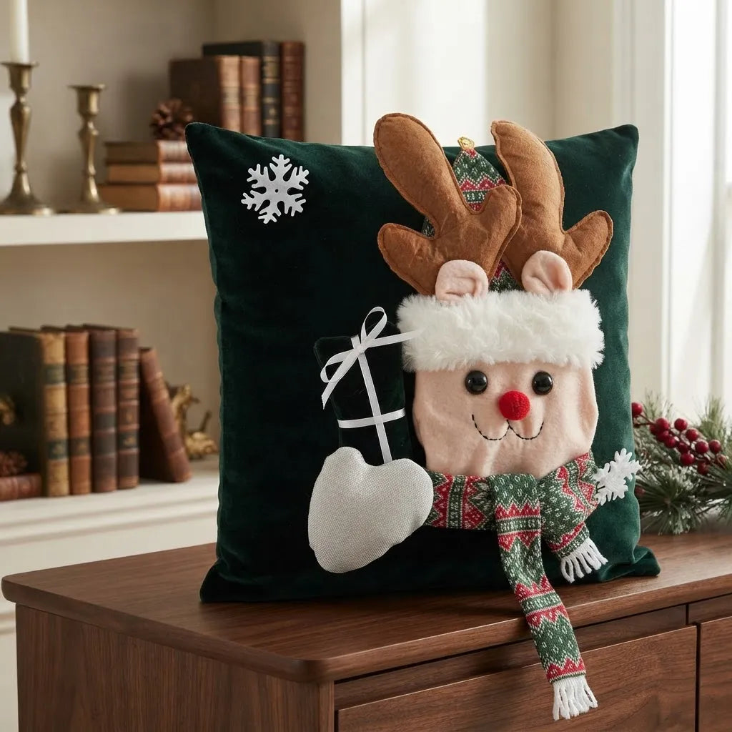 Funda de Cojín Navideño Con Reno 3d Verde 45 × 45 Cm