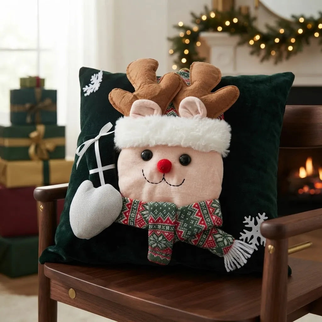 Funda de Cojín Navideño Con Reno 3d Verde 45 × 45 Cm