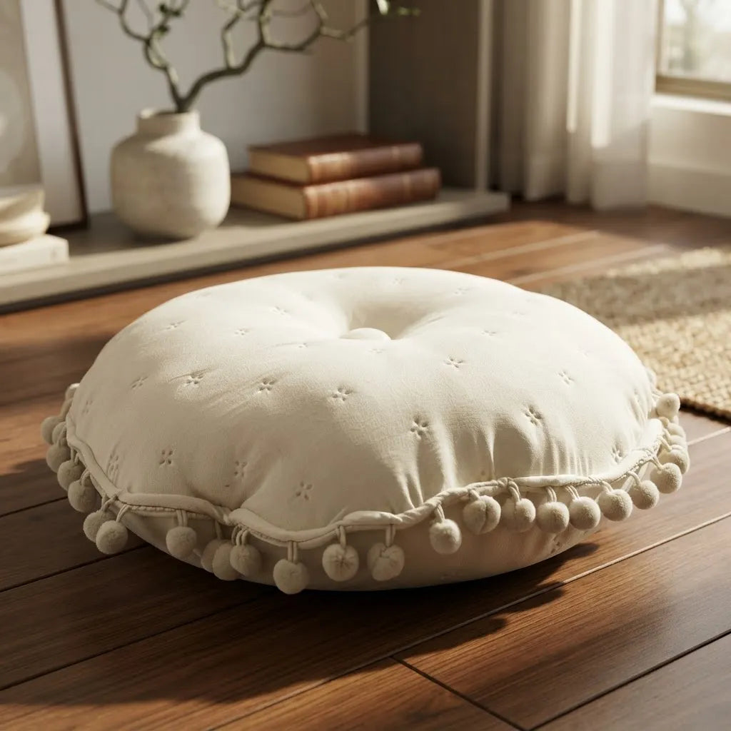 Cojín Redondo Pom Pom Blanco Invierno 44 cm · Suave y Decorativo