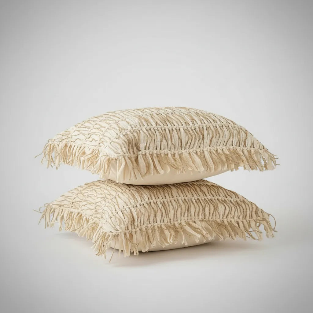 Funda de cojin Boho Beige Con Nudos Y Flecos 45cmx45cm