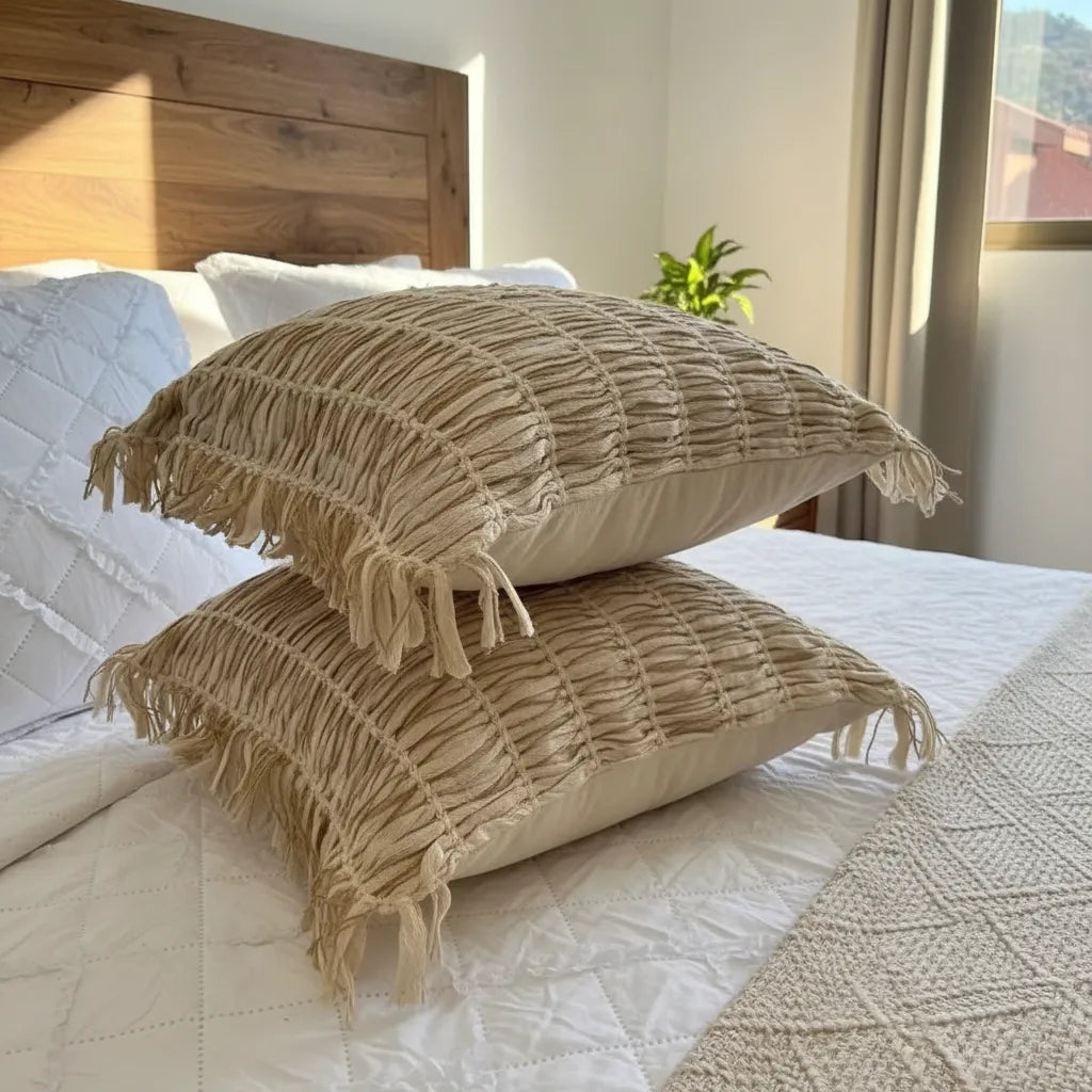 Funda de cojin Boho Beige Con Nudos Y Flecos 45cmx45cm