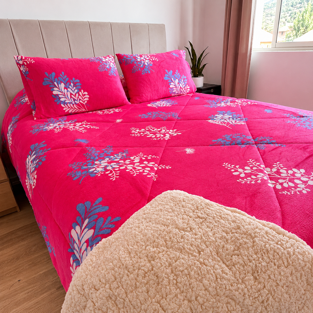 Cubrecama 2 Plazas Polar con Chiporro  Fucsia Floral  230x250 cm + 2 Fundas
