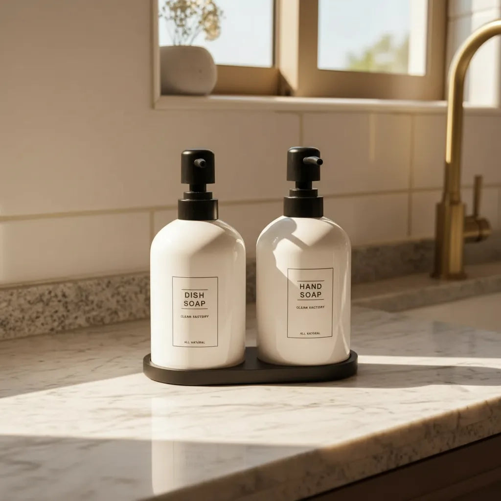 Set Dispensadores De Jabón Y Lavalozas Con Bandeja | Blanco