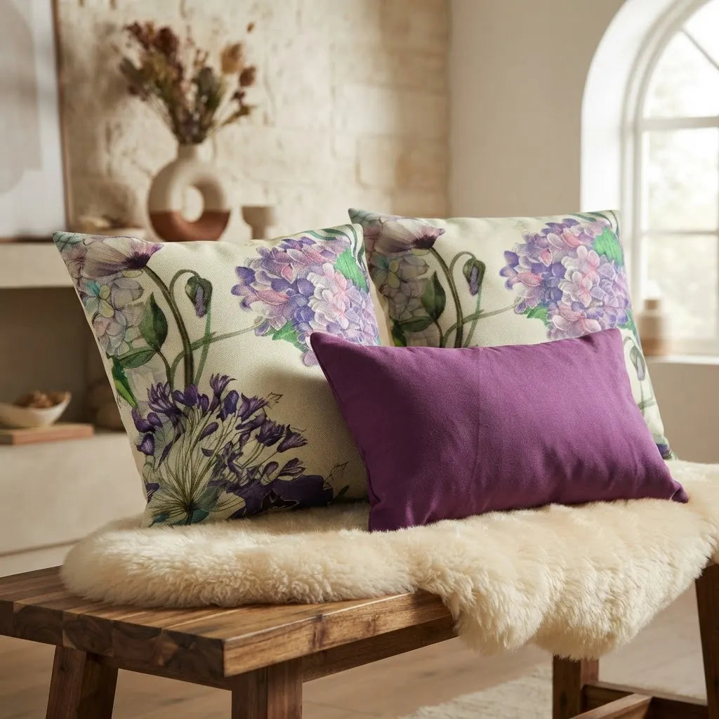 Set De 3 Cojines Jardín De Hortensias · Floral Y Morado