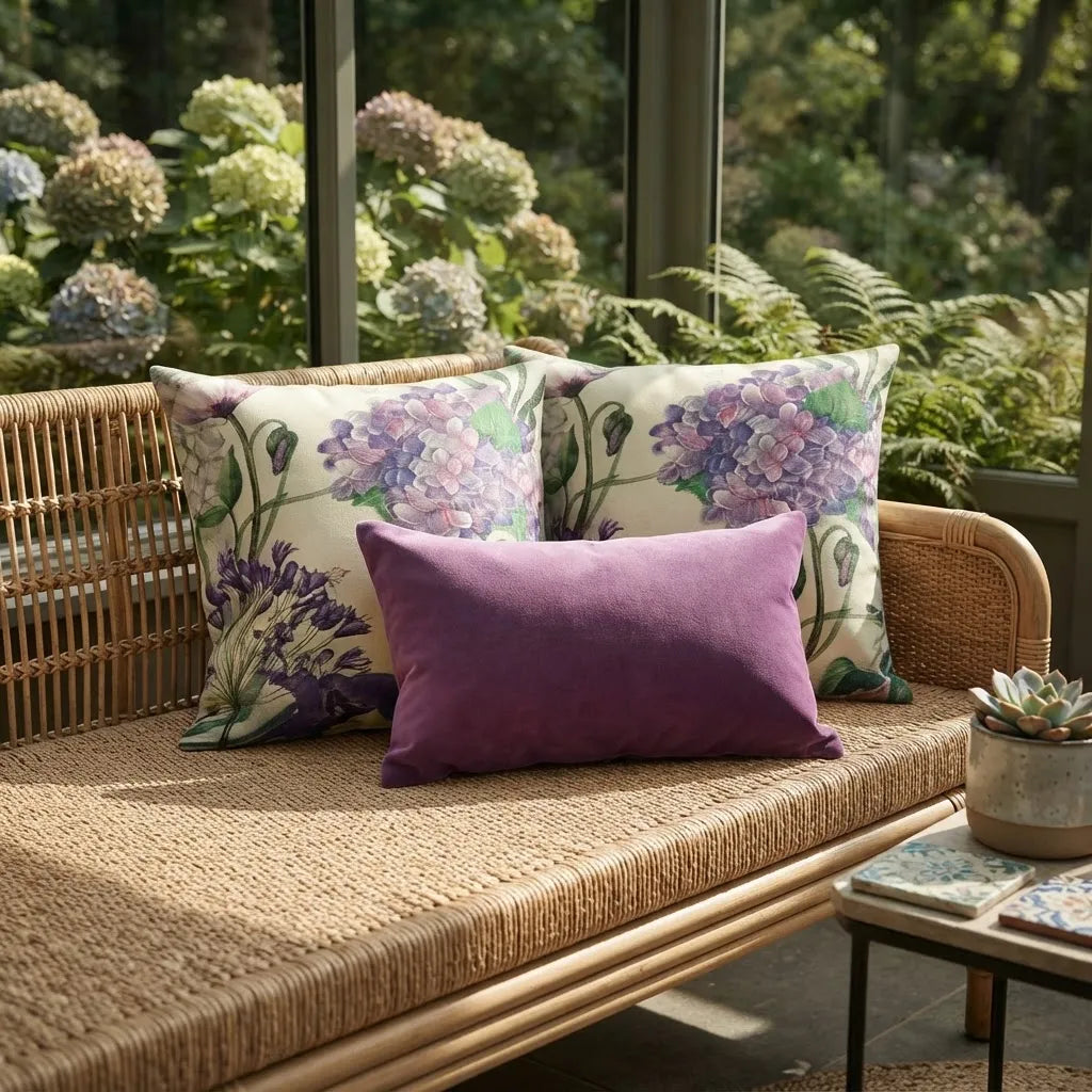 Set De 3 Cojines Jardín De Hortensias · Floral Y Morado