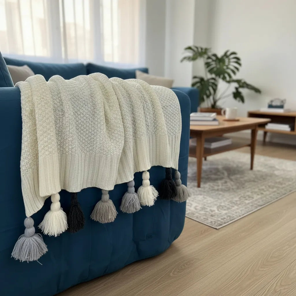 Manta Tejida con pom-pom  beige| 120x220cm