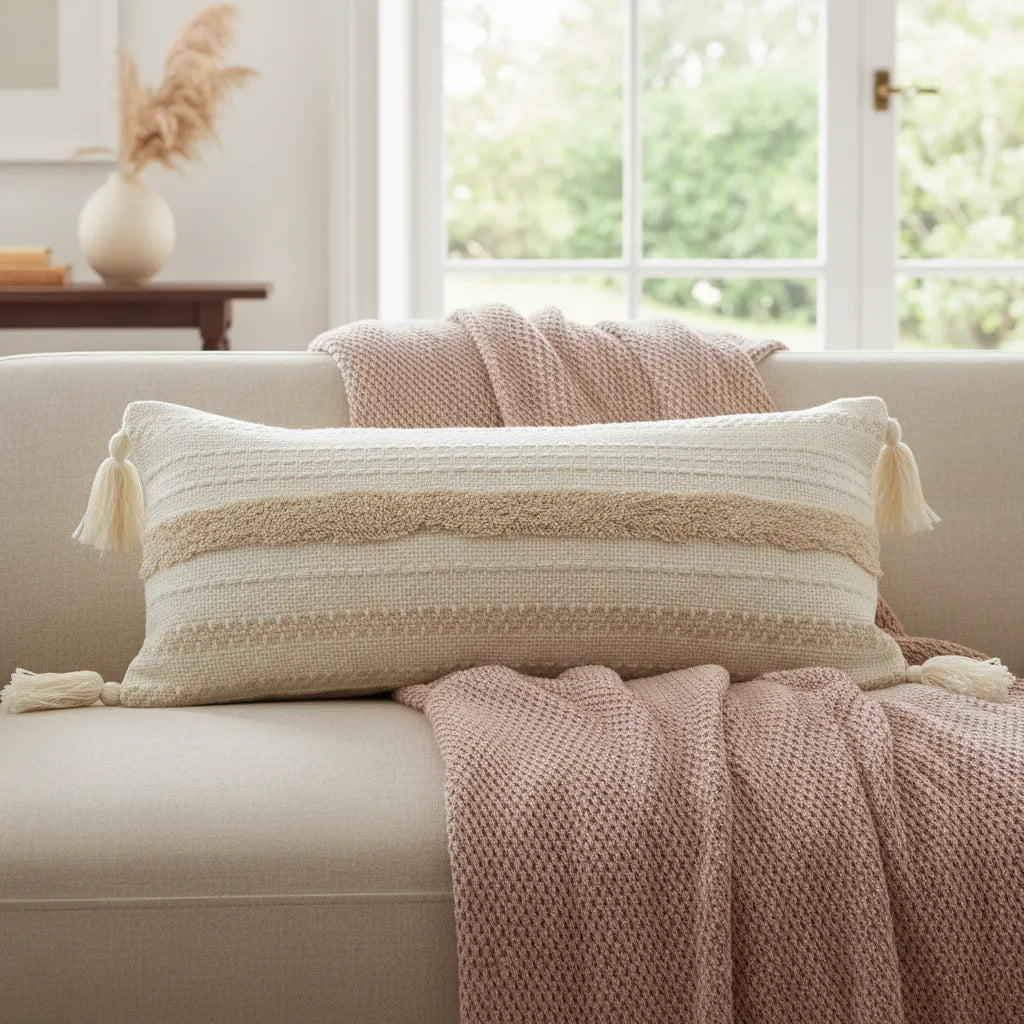 Cojín Bohemio Texturado 30 × 70 cm – Crema & Beige