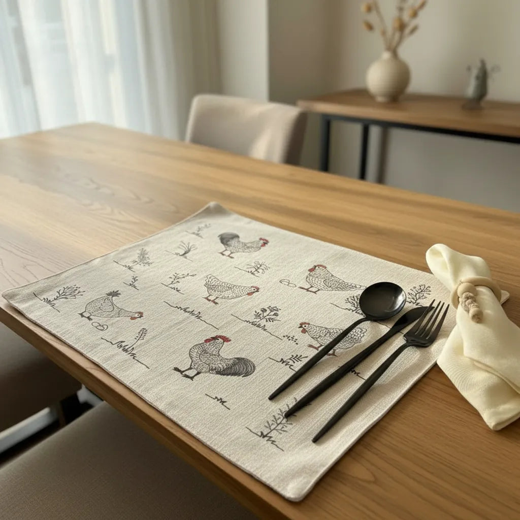 set de 6 individuales repelentes en  lino, gallinas