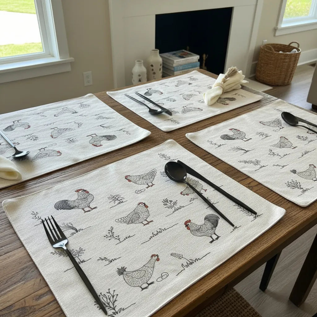 set de 6 individuales repelentes en  lino, gallinas