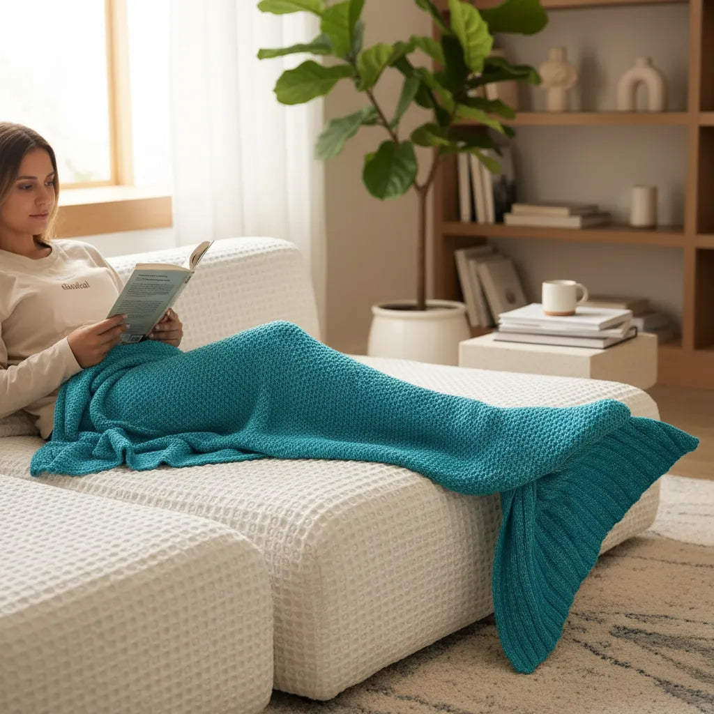 Manta Tejida Estilo Sirena XL | Suave, Cálida y Decorativa - Turquesa
