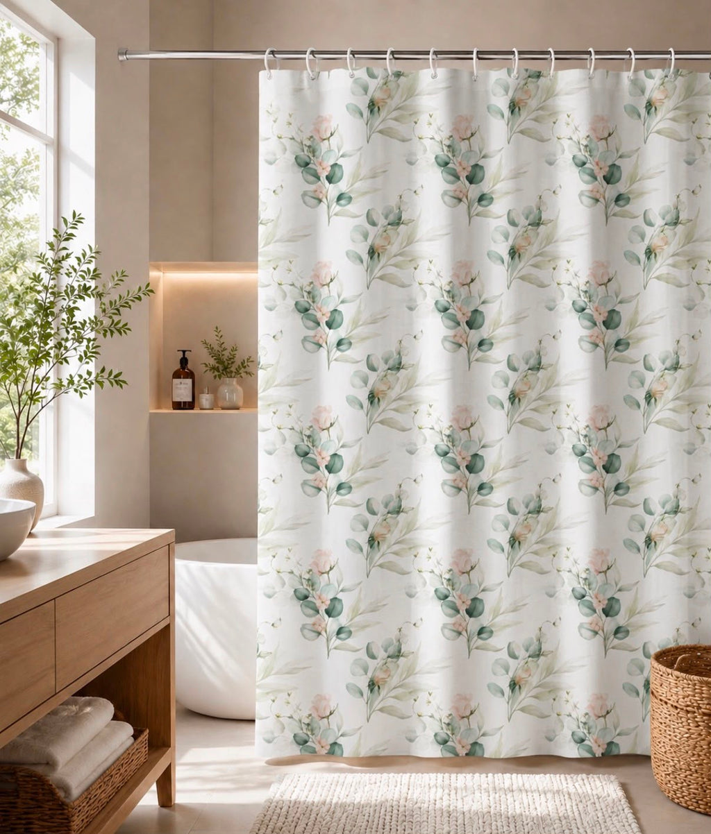 Set de Cortina de Baño de Tela Eucalipto Rosé con Forro, 3 Magnetos y 12 Ganchos 180 × 180 cm