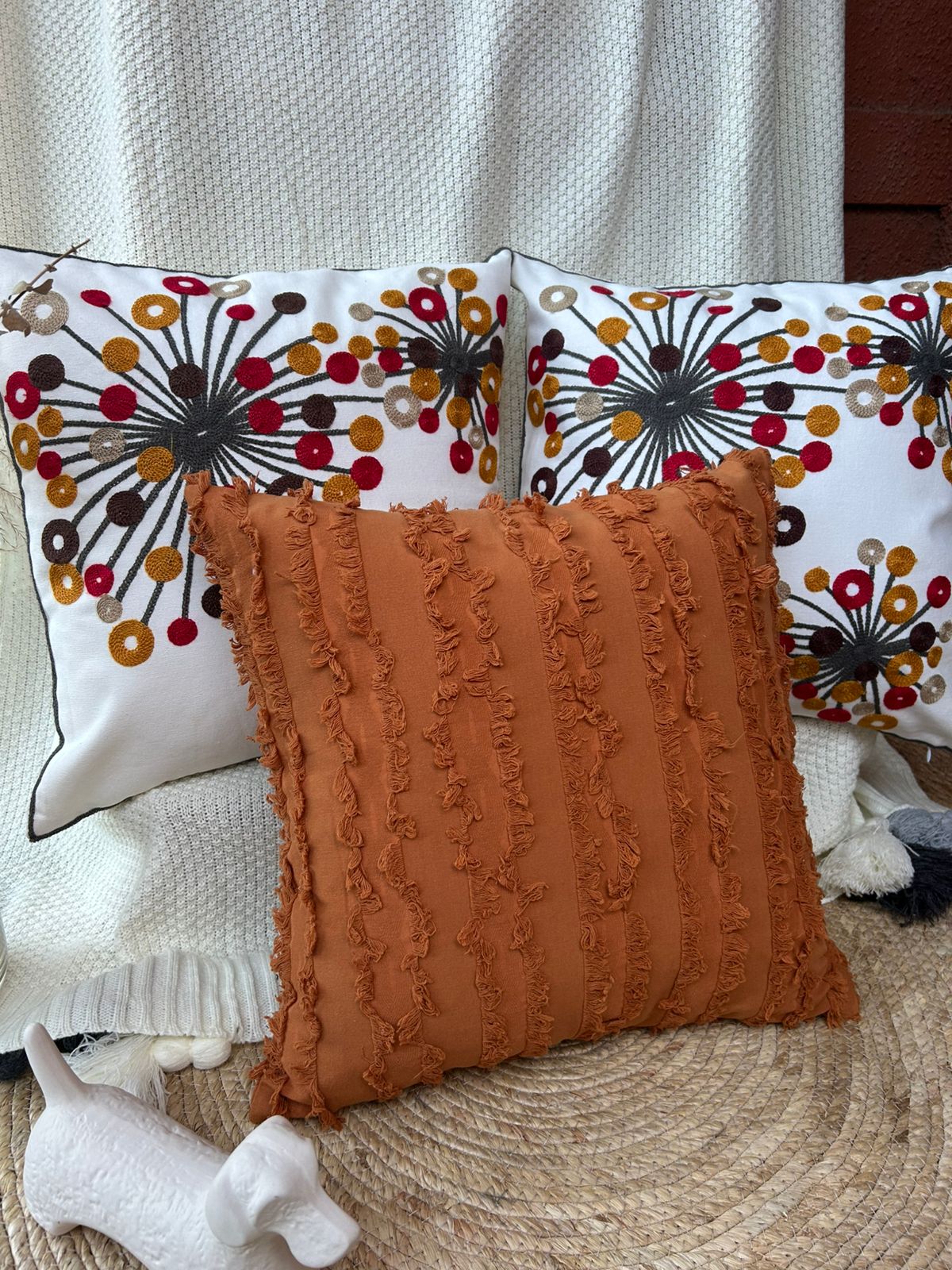 Set de 3 cojines combinados, flequillo terracota  ¡Paga 2, lleva 3!