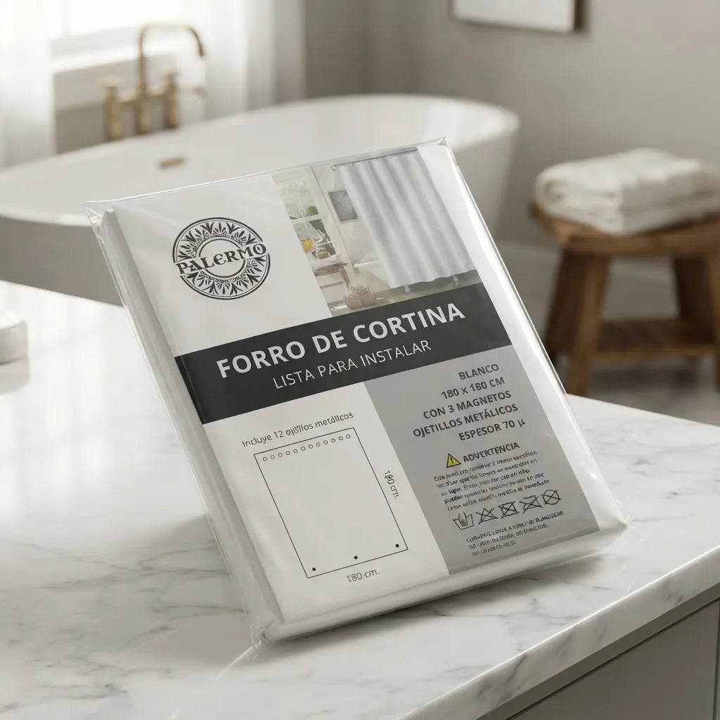 Set Cortina De Baño De Tela Jardín Azul Con Forro