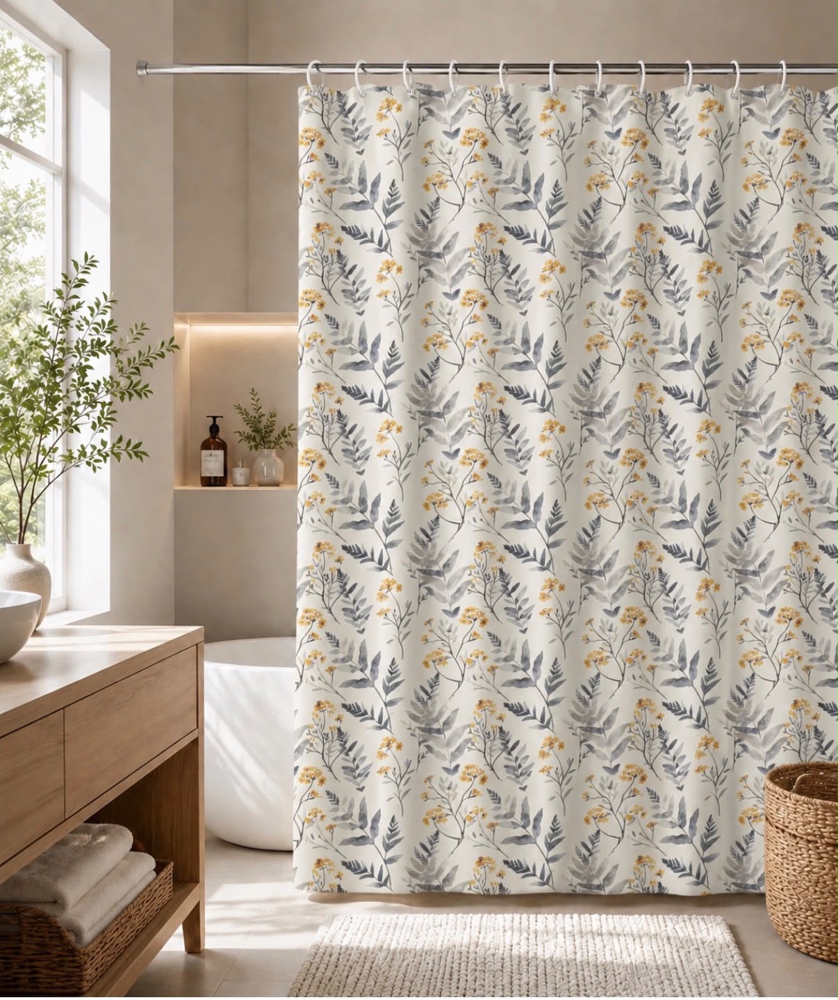 Set de Cortina de Baño de Tela Jardín Mostaza con Forro, 3 Magnetos y 12 Ganchos 180 × 180 cm