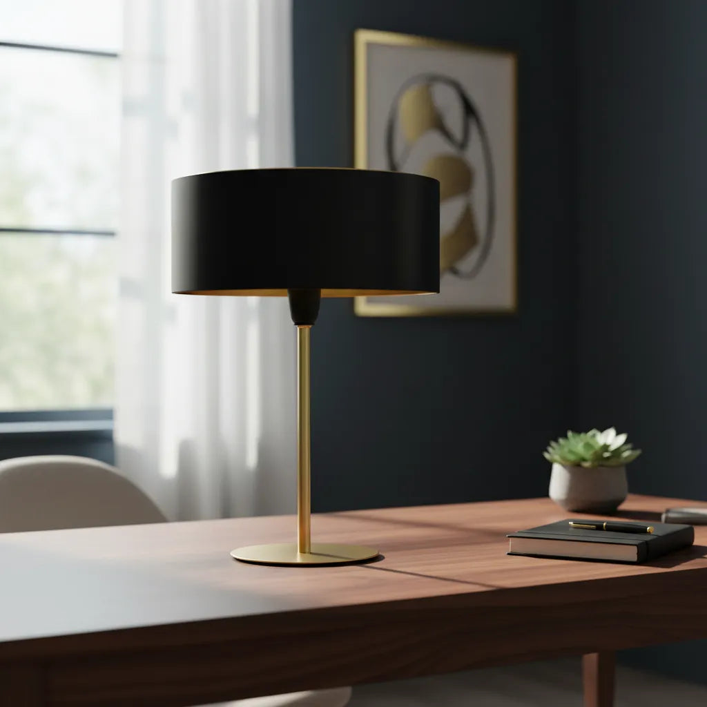 Lámpara De Mesa Decorativa Negra Y Dorada Con Detalle Tipo Rattan
