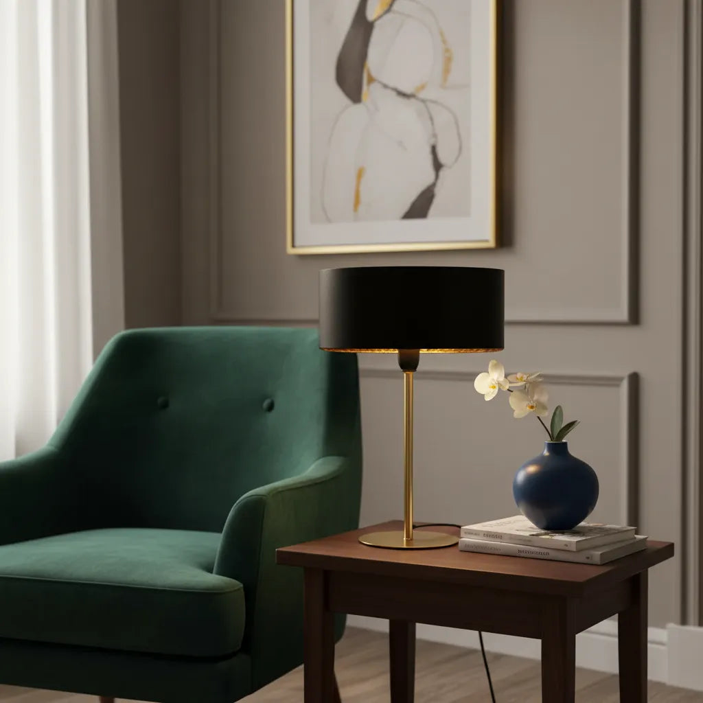 Lámpara De Mesa Decorativa Negra Y Dorada Con Detalle Tipo Rattan