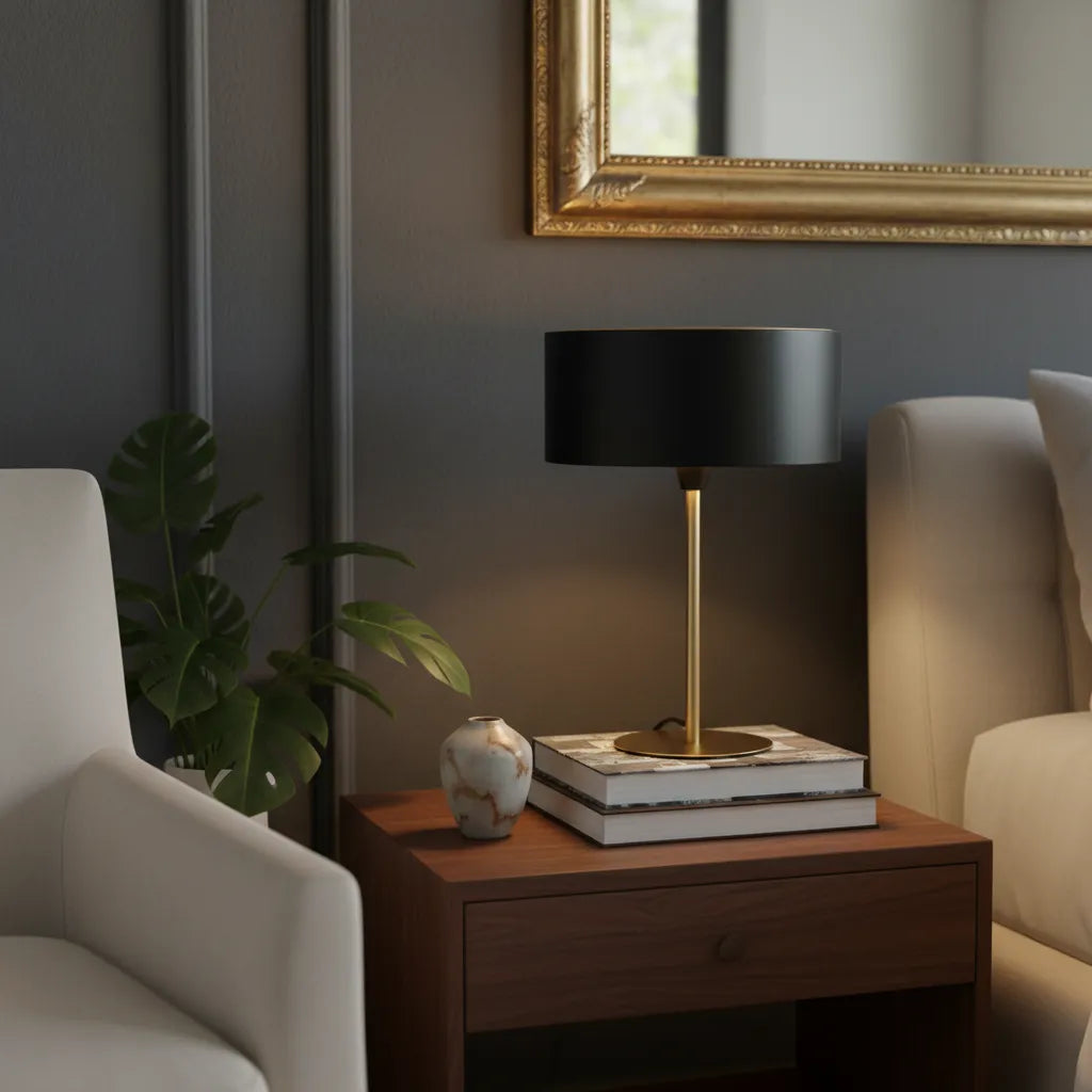 Lámpara De Mesa Decorativa Negra Y Dorada Con Detalle Tipo Rattan