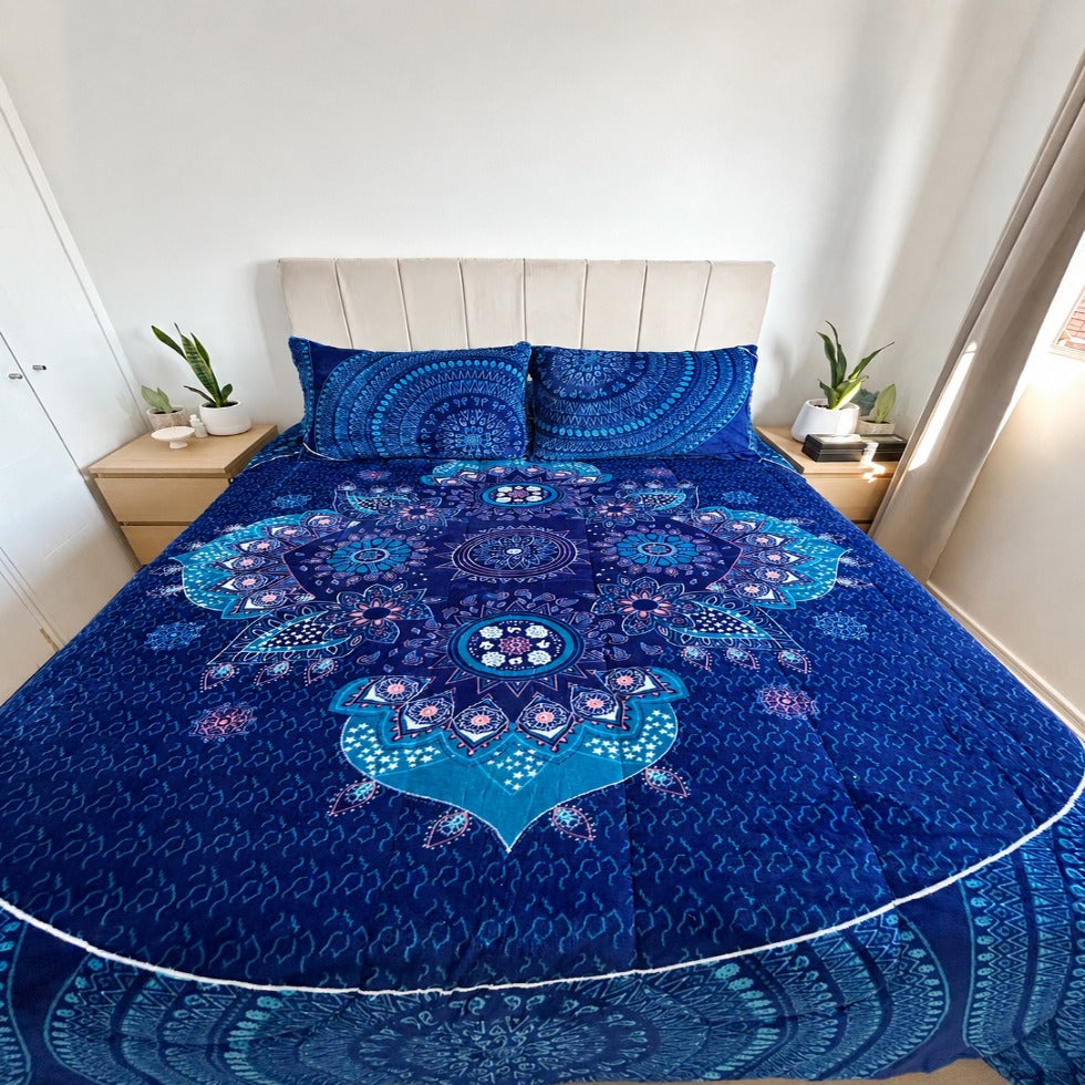 Cubrecama 2 Plazas Polar con Chiporro Mandala Azul Profundo 230x250 cm + 2 Fundas